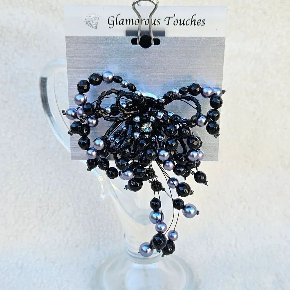 Glamorous Touches Black and Gray Beaded Ribbon Brooche